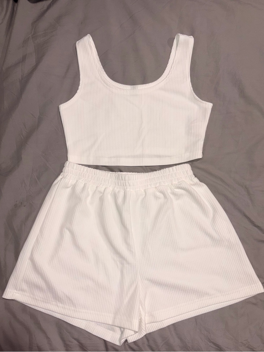 Women's White Ribbed Tank Crop Top and Shorts Set
